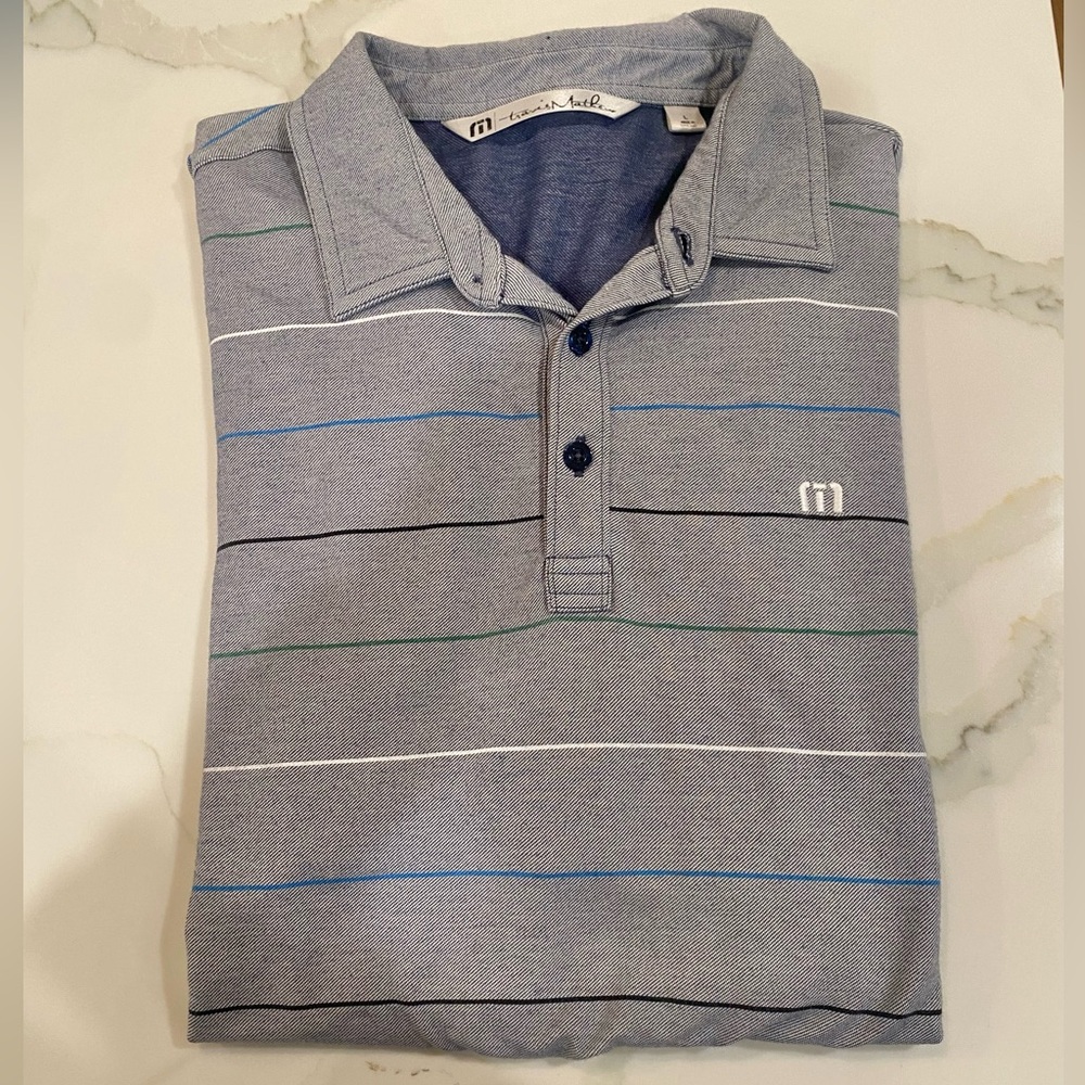 Travis Mathew Grey Polo with Thin Stripes in Black, Green, White, & Blue, Large